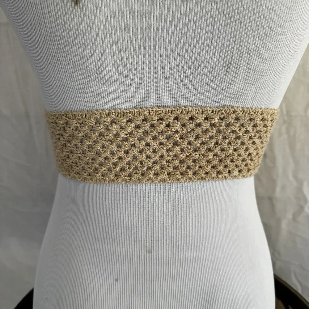 Boho Stretch Woven Crochet Belt Brown Faux Suede Double Buckle Corset 24-40 Inch